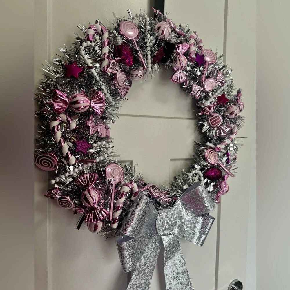 Wreath Christmas candy theme Silver and Pink Holiday Wreath ribbon bow